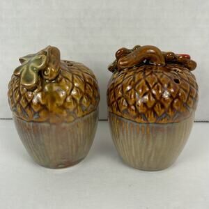 Acorn Salt and Pepper Shakers Ceramic Gold Brown Green